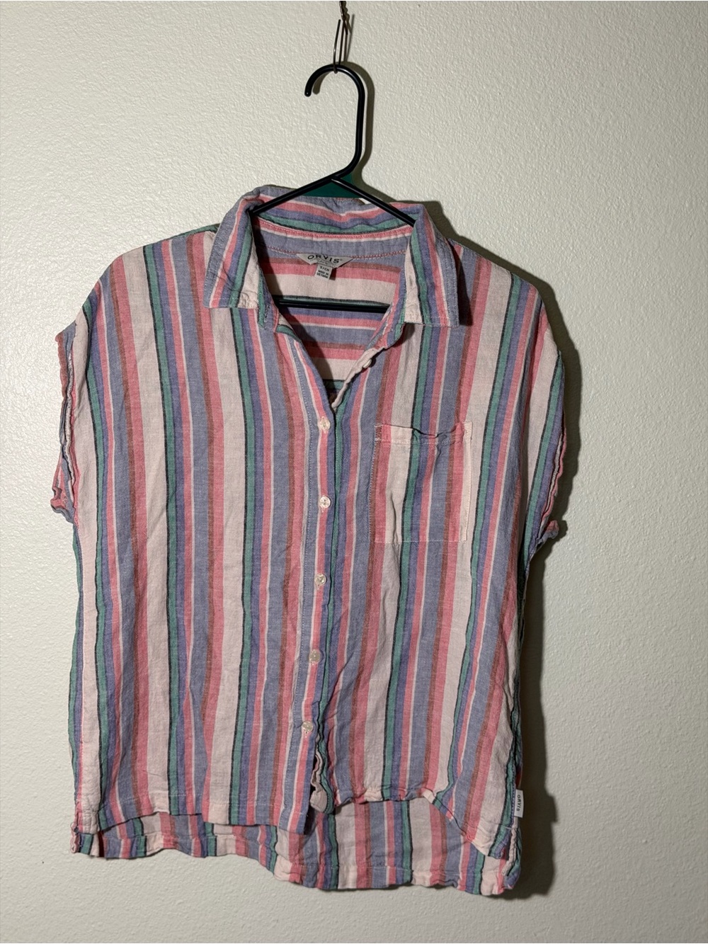 Orvis Linen Blend Button Down Shirt Womens Small Stripe Cap Sleeve Coastal Beach
